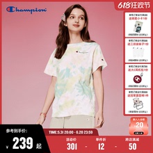 Champion冠军T恤女24夏季新款刺绣草写logo扎染短袖纯棉透气上衣