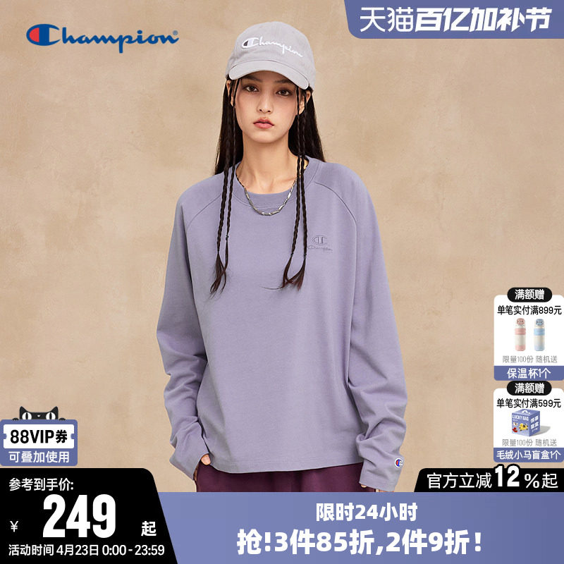 Champion冠军T恤女26春季新款纯棉插肩袖休闲圆领宽松长袖上衣潮