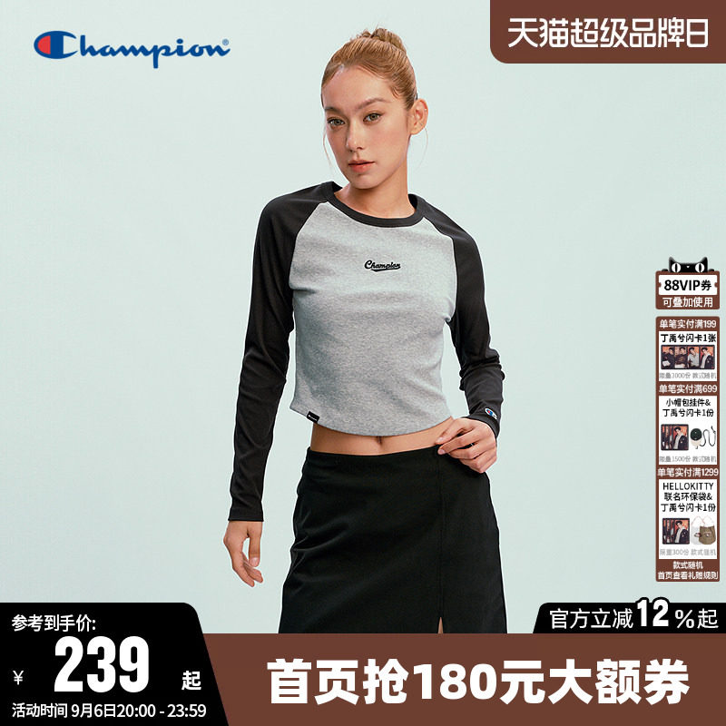 Champion冠军短款圆领长袖T恤女										