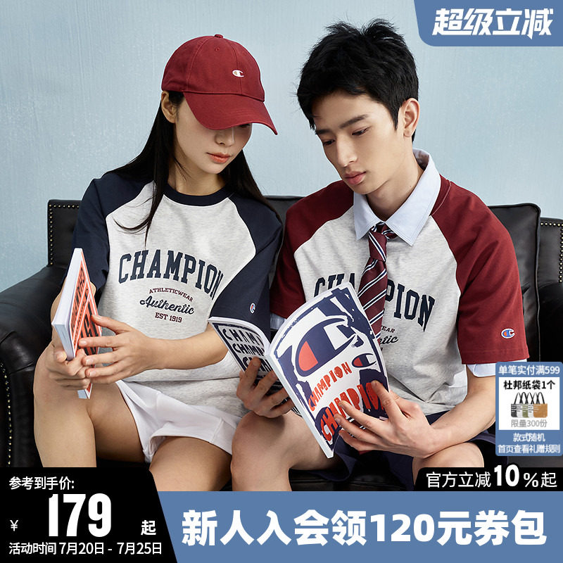 Champion冠军T恤女夏季情侣复古拼接撞色纯棉短袖休闲圆领上衣男