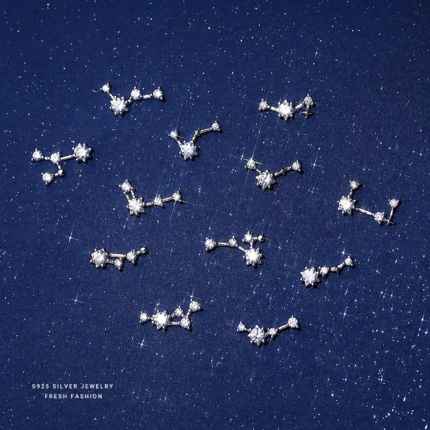 ins个性十二星座耳钉女S925纯银时尚小众设计感爆闪锆石耳饰气质