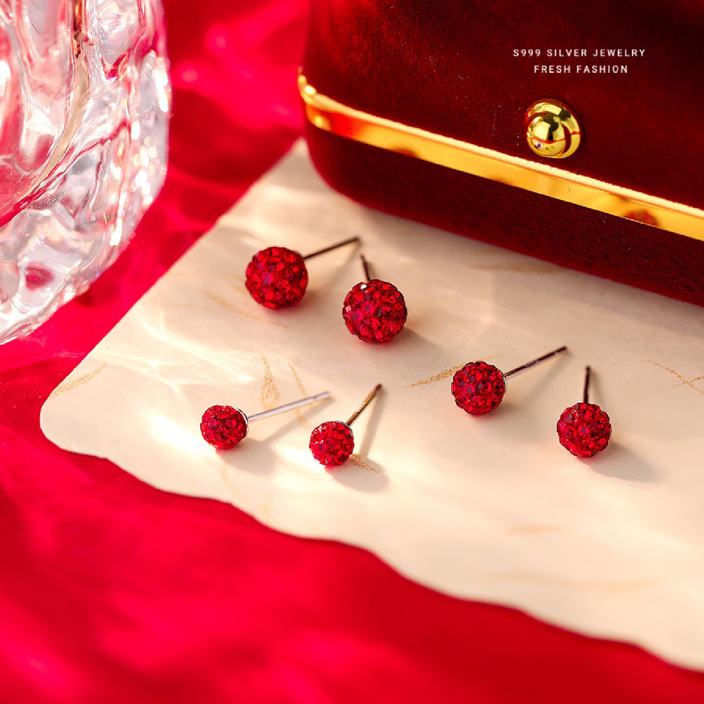 新年款S999纯银针红色水钻香巴拉耳钉女超闪高级感气质百搭耳骨钉