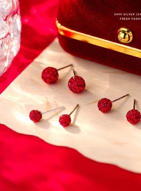 新年款S999纯银针红色水钻香巴拉耳钉女超闪高级感气质百搭耳骨钉