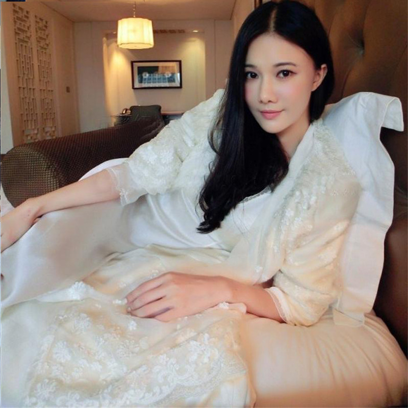 刘美人刘钰懿桑蚕丝睡袍性感吊带睡裙长款两件套真丝睡衣长袖薄款