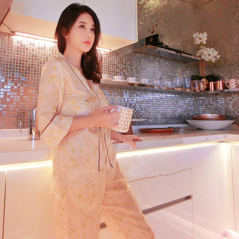 刘美人刘钰懿真丝印花宽松睡衣女七分袖睡裤两件套装家居服可外穿