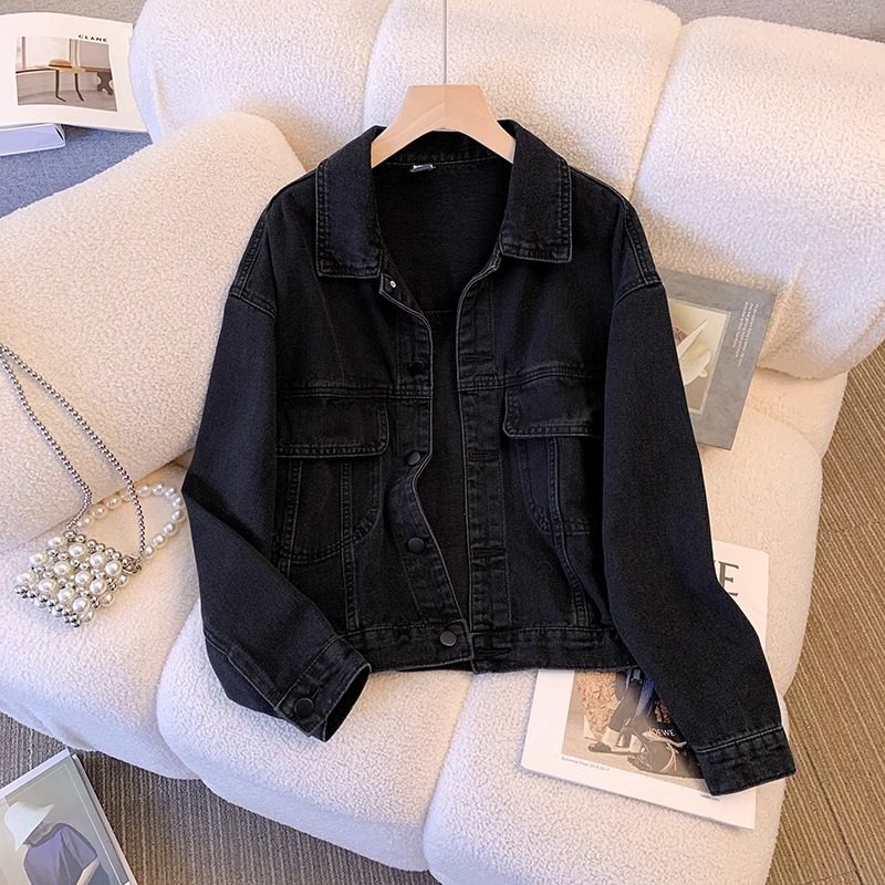 复古短款黑色牛仔外套女春秋季休闲宽松韩版小个子百搭夹克上衣潮