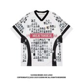 T恤男女插肩字母做旧印花夏季 MAMMJUDX美式 撞色圆领短袖 复古上衣i