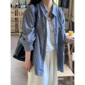 MAMMJUDX百搭气质韩系蓝色格子衬衫 外套女秋季 宽松休闲慵懒风气质