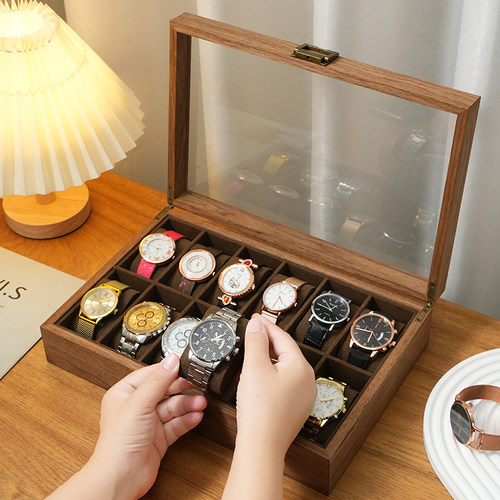胡桃木纹手表收纳盒整理箱防尘玻璃盖腕表首饰盒手链手表收藏盒子
