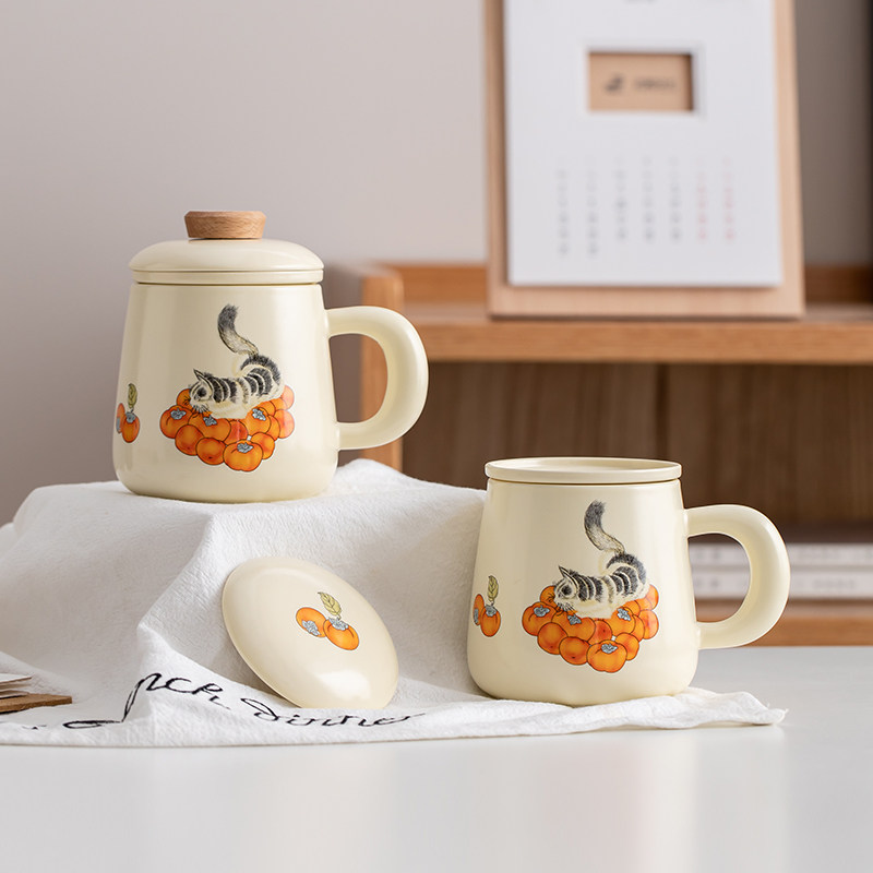 陶瓷马克杯趣味萌猫办公杯个人专用茶水分离杯带盖过滤喝水杯定制,餐饮具,马克杯,淘宝优惠券,粉丝福利购,淘宝优惠卷