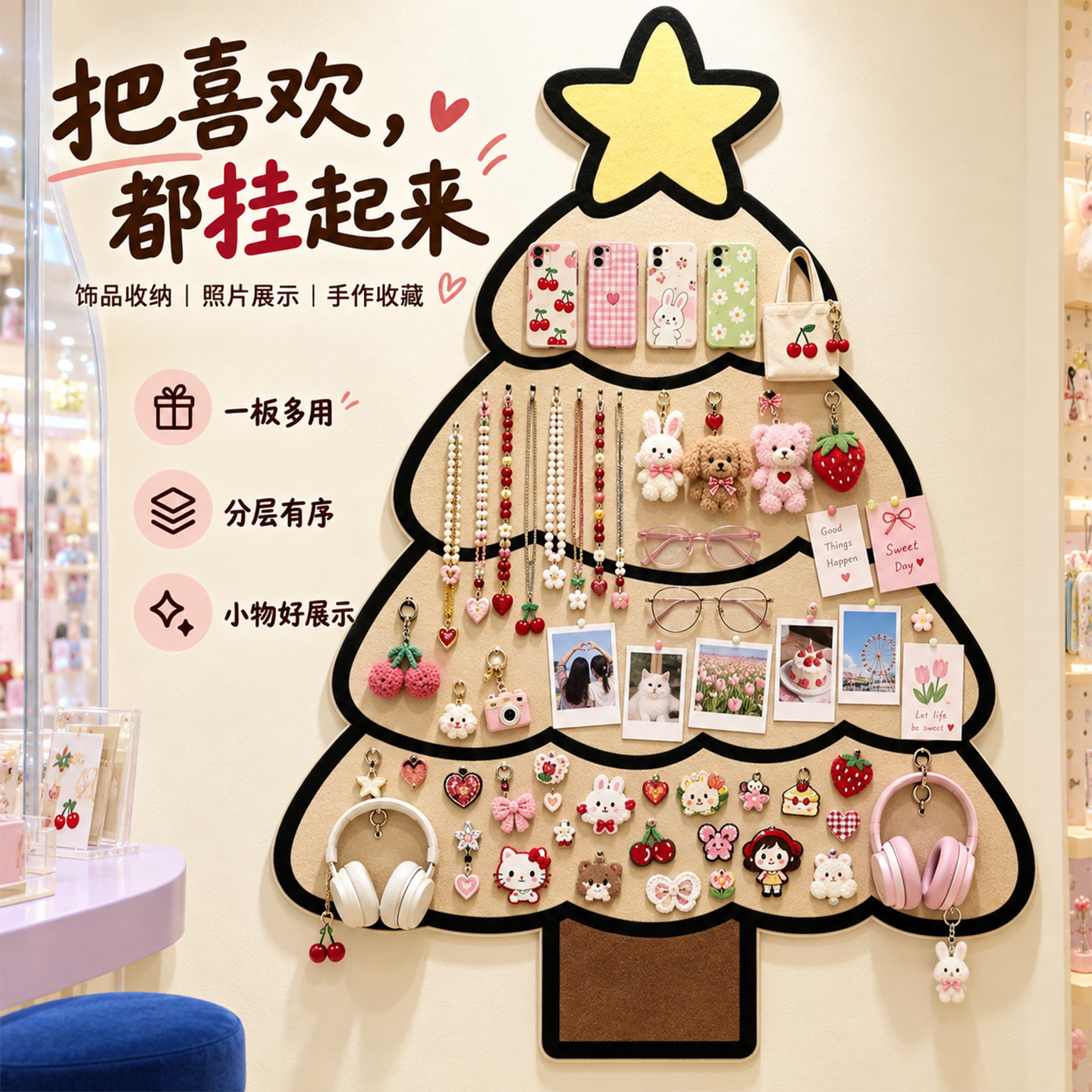 毛毡板照片墙拼豆展示板优质毛毡创意装饰圣诞树幼儿园环创客厅房间拍立得谷子展示墙偶挂件免打孔布置装饰