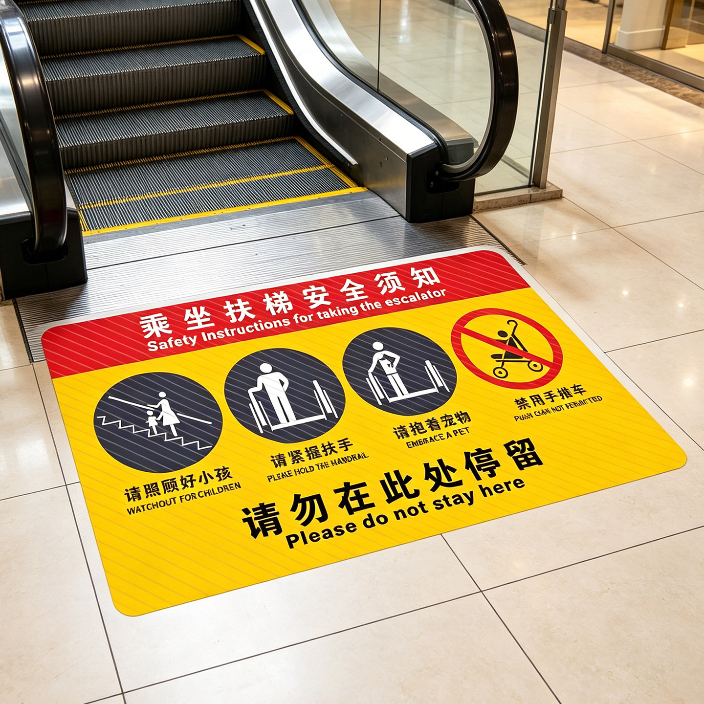 乘坐扶梯安全须知提示地贴超市商场地铁站车站请勿在此停留电梯口标识标志牌警示牌斜纹地贴防水防滑小心夹脚