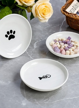 卡通白色不锈钢猫爪子陶瓷猫狗碗慢食碗猫爪鱼骨图案宠物餐具舒适