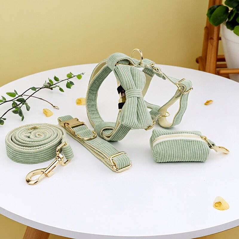浅绿条绒金扣狗项圈户外牵引绳