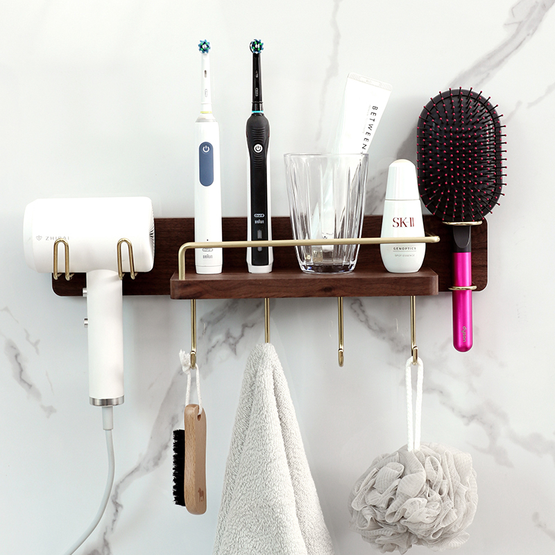吹风机置物架电吹风收纳架胡桃木梳子架生间卷发棒壁挂免打孔支架
