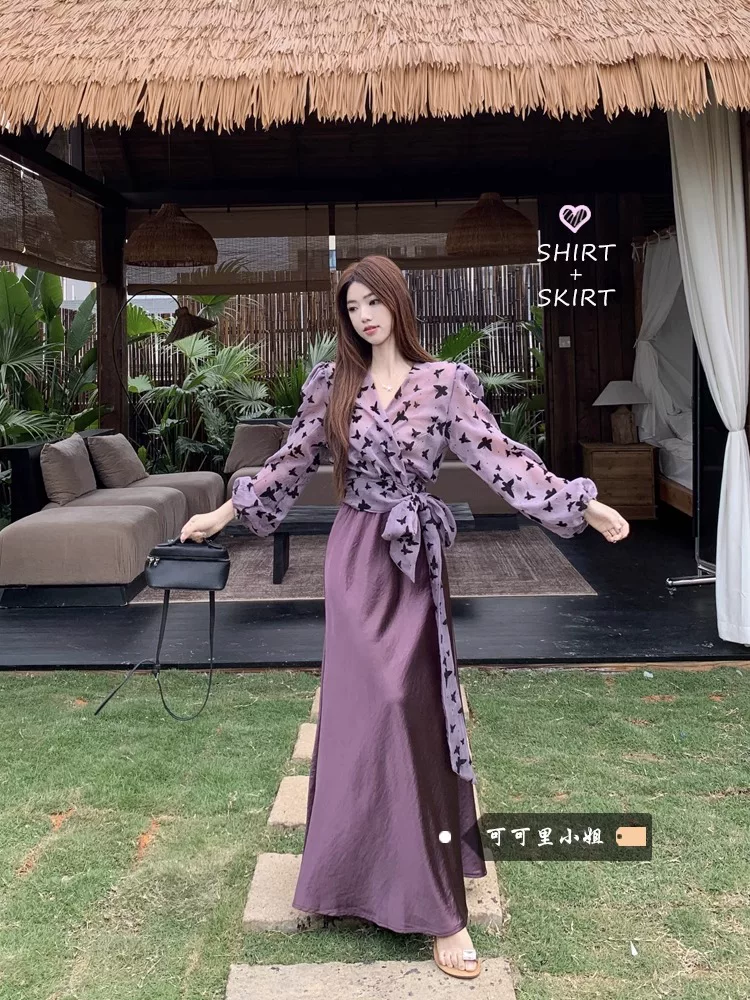 法式复古碎花V领防晒雪纺衫气质缎面半身长裙女2025秋季新款套装,女装/女士精品,大码连衣裙,淘宝优惠券,粉丝福利购,淘宝优惠卷