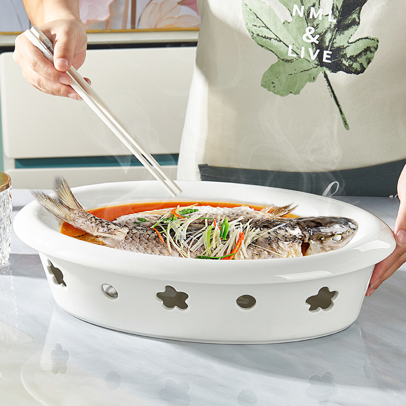 纯白陶瓷明炉蜡烛加热菜鱼盘旦形鱼盘酒店饭店干锅酒精圆形梅花炉