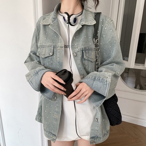 2024春秋新款设计感重工烫钻牛仔外套女翻领宽松韩版百搭夹克上衣