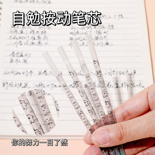 自勉线条小狗刻度黑笔芯st头速干不断墨学生按动中性笔大容量替芯