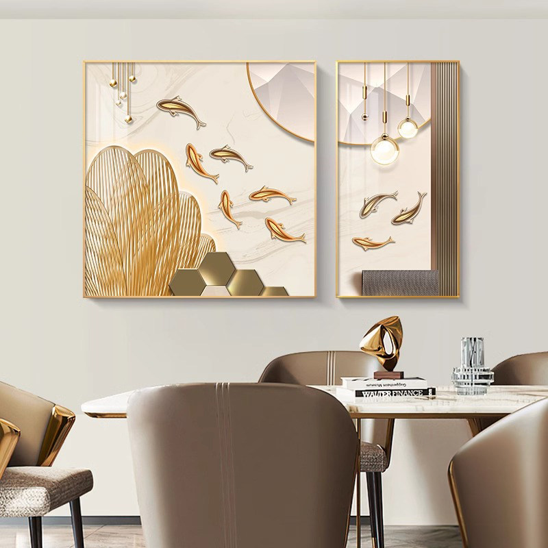 轻奢九鱼图餐厅装饰画饭厅餐桌背景墙壁画高档二联画客厅两幅挂画