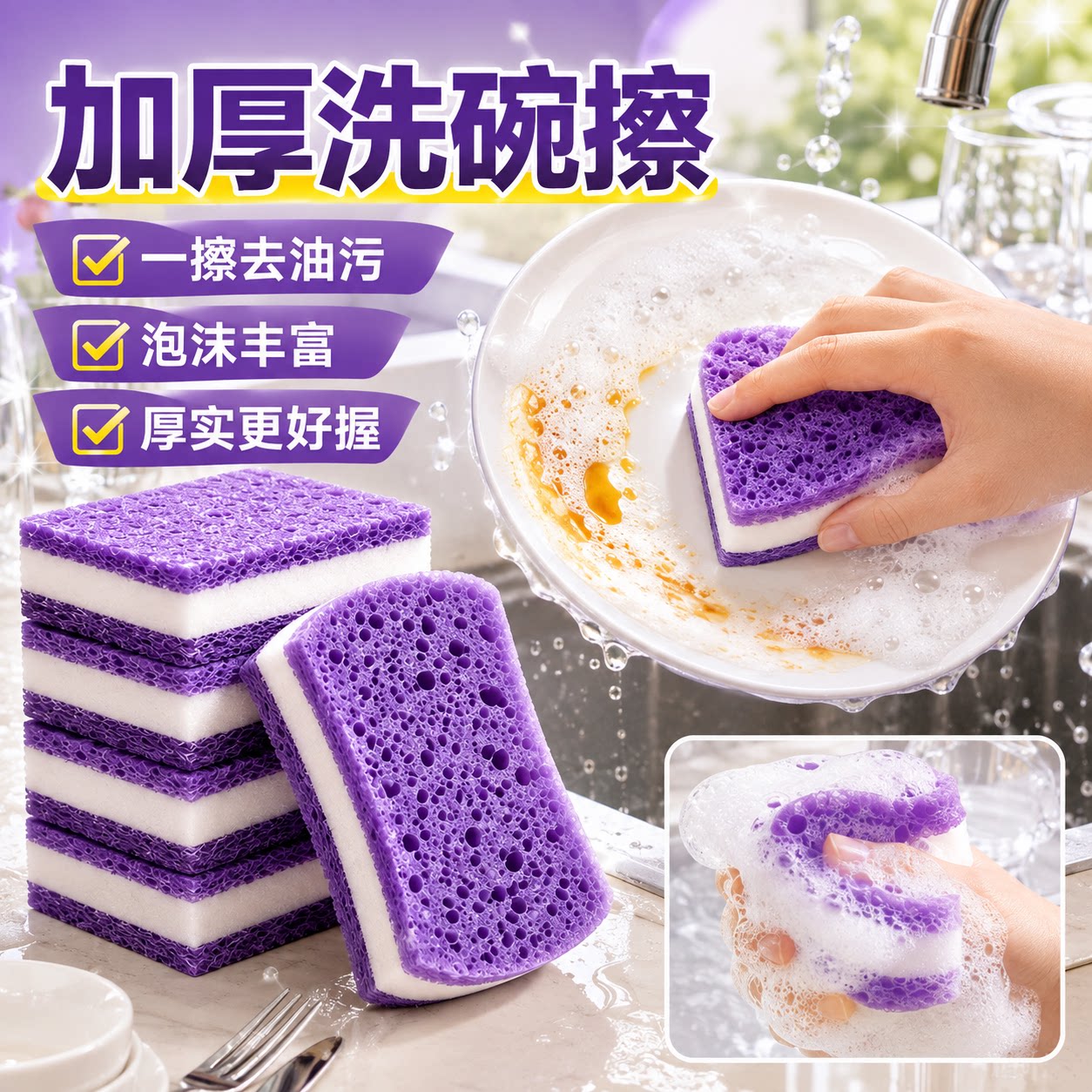 抗菌洗碗海绵擦金刚砂百洁布厨房专用木浆棉块魔术擦刷锅刷碗神器