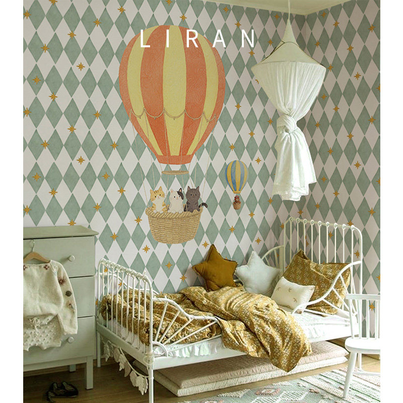 丽然菱格复古儿童房壁纸北欧热气球男孩女孩卧室背景墙布定制墙纸