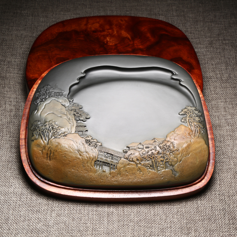 匠心非遗歙砚许亚祥大师作品 溪山听泉天然原石砚台老坑金晕砚石精手工雕刻收藏砚台安徽歙砚 高档配木盒证书