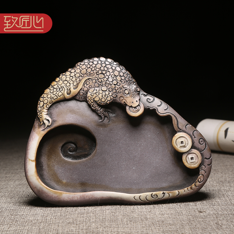 徽州歙砚名师技艺作品《招财进宝》天然原石紫袍玉带玉石手工砚台紫袍玉黛名砚小楷砚台高档收藏把玩小巧