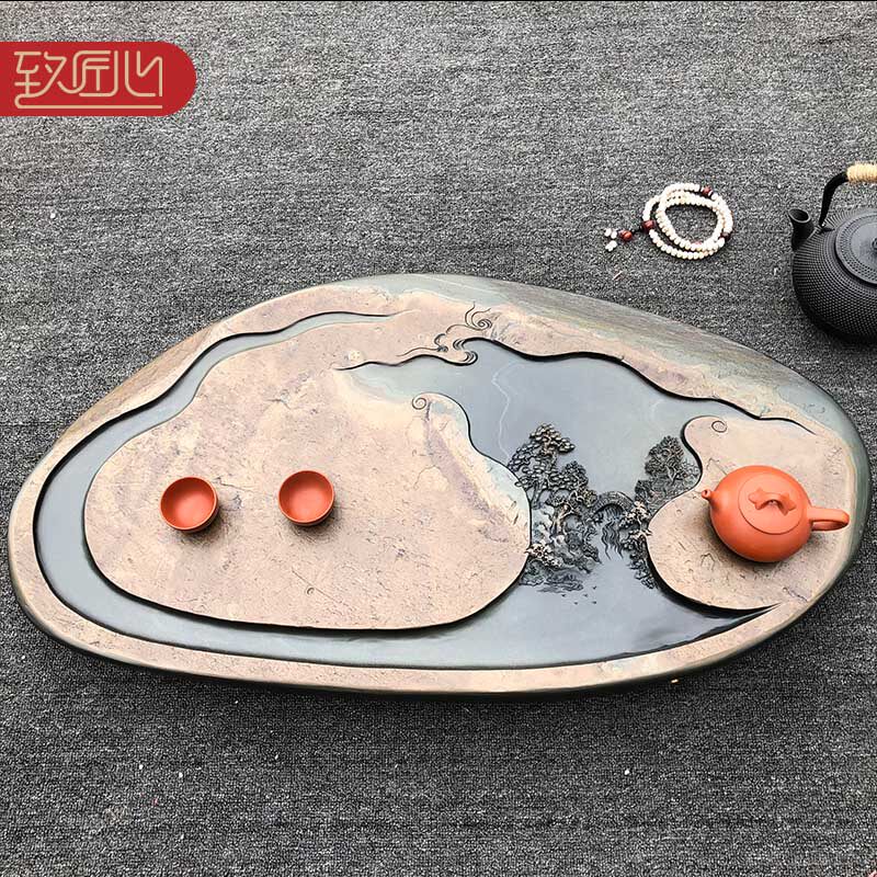 匠呈 匠人精手工茶盘精选天然金晕整块砚石歙砚龙尾山金皮金晕籽料原石精雕细琢茶盘排水茶海中大号精品