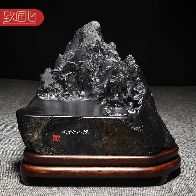 匠心非遗歙砚工艺美术大师作品《溪山访友》立体浮雕文房龙尾山籽料巧雕原石收藏送礼大气高档摆件四大名砚