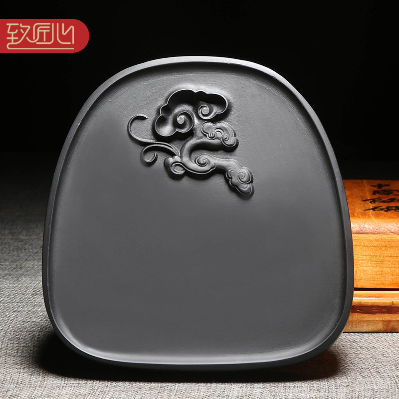 徽州名砚手工制砚安徽天然原石砚台《灵芝如意砚》黑龙尾歙砚端砚老坑砚台中小楷书法国画创作磨墨配木盒实用