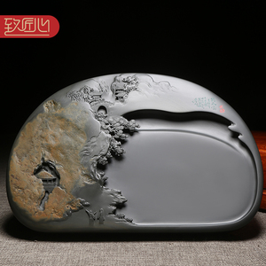 匠心非遗四大名砚之歙砚名师砚台/访友图/孤品天然原石老坑金晕籽料文房四宝高档摆件手工雕刻收藏送礼