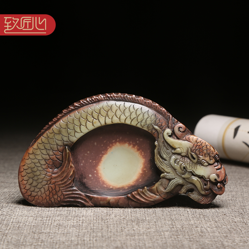 徽州歙砚名师技艺作品《鱼化龙》天然原石紫袍玉带玉石手工砚台紫袍玉黛名砚小楷砚台高档收藏把玩小巧