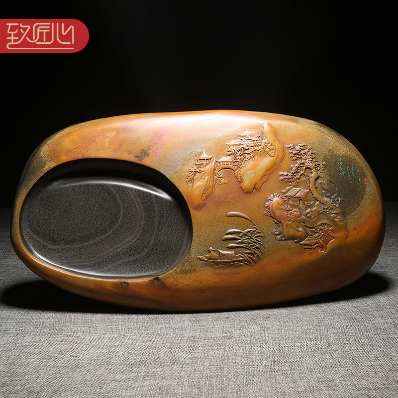 匠心非遗名师名砚大师手工作品《江山多娇》安徽砚台高档文房四宝天然原石老坑金晕籽料歙砚珍藏礼品送礼佳品