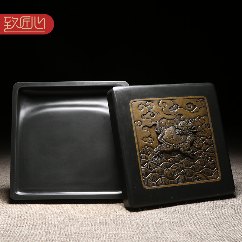 匠心非遗大师砚台/龙龟献瑞/安徽歙砚高档文房四宝天然原石黑龙尾镶嵌老坑黄鱼籽书法绘画带盖实用砚台收藏