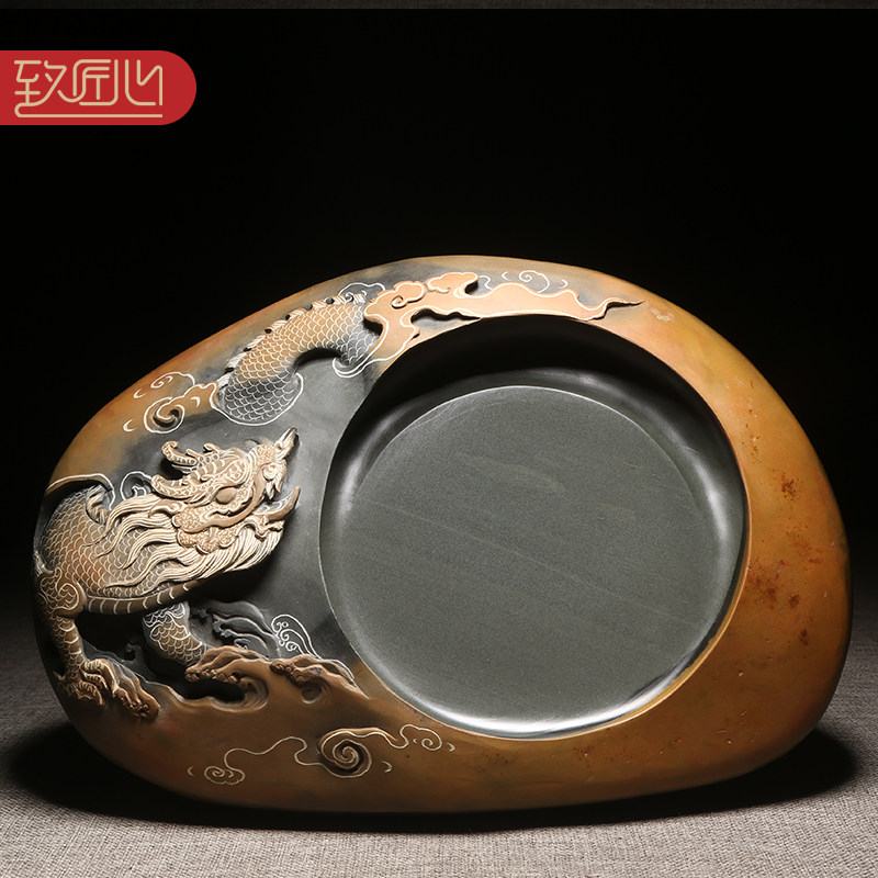 名师名砚/匠心非遗歙砚精手工作品/中华龙/浮雕老坑金晕籽料原石砚台文房高档摆件送礼佳品收藏四大名砚