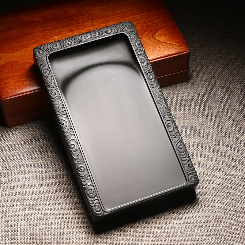 匠心非遗歙砚名师手工雕刻作品《祥云福海》老坑黑龙尾籽料天然原石大师砚台收藏大气高档摆件送礼配木盒证书