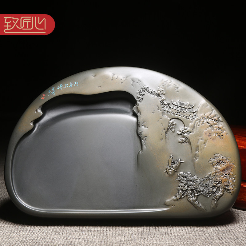 传统徽州歙砚大师巴永成作品当代制砚名师代表作行舟出峡天然龙尾山金