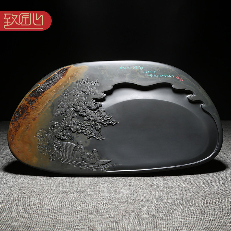 匠心非遗名师砚台歙砚安徽天然原石文房四宝《松下雅聚》高档孤品手工砚台名家雕刻作品送礼收藏佳品