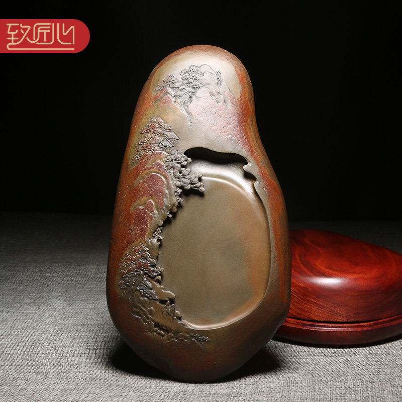 匠心非遗 歙砚大师作品精手工雕刻浮雕《江南秋韵》老坑金晕籽料天然原石砚台文房收藏高档安徽歙县摆件送礼