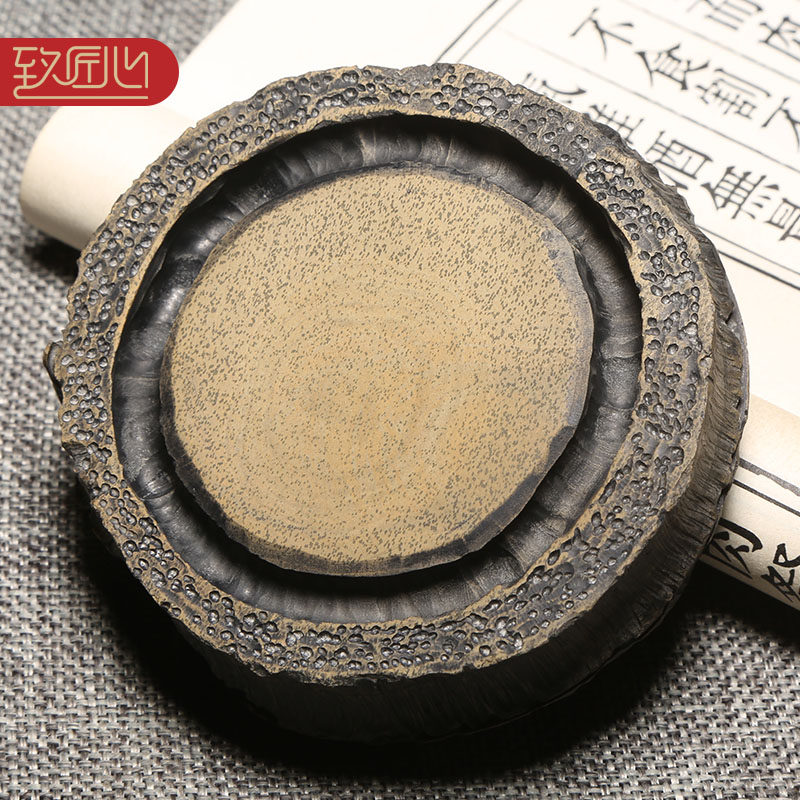 匠心非遗歙砚《木桩砚》老坑黄鱼籽天然原石砚台收藏精手工浮雕送礼佳品安徽歙县砚台把玩小楷笔舔茶托杯垫