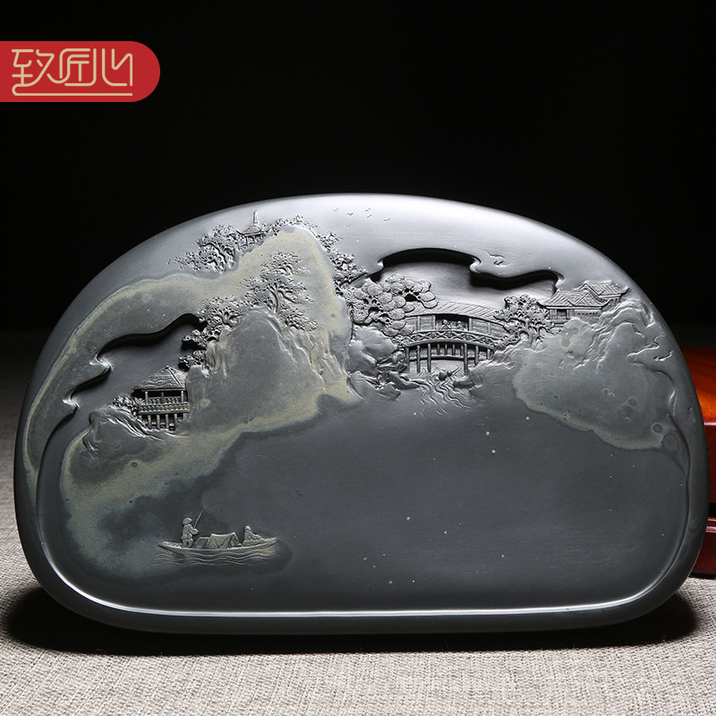 匠心非遗传人大师手工作品《江南水乡》天然原石老坑金晕籽料歙砚 歙县高档砚台俏色巧雕山水优端砚收藏送礼