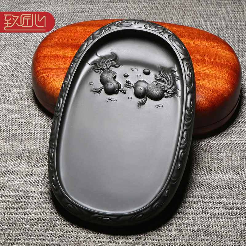 匠心非遗歙砚名师手工雕刻作品云纹边《金玉满堂》歙砚原石老坑黑龙尾砚台文房四宝收藏送礼实用高档砚台木盒