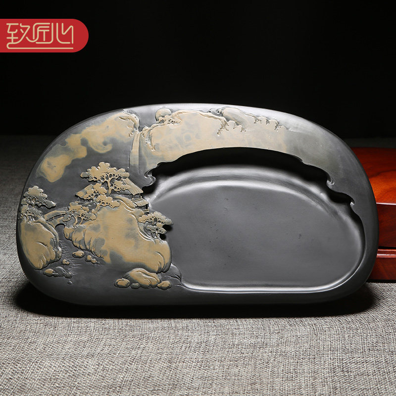 匠心非遗名师砚台《旭日东升》天然原石精手工巧雕歙砚龙尾山老坑金晕籽料文房高档砚台摆件收藏送礼四大名砚