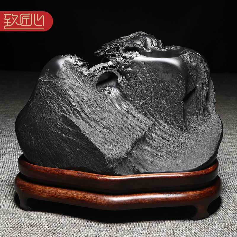 匠心非遗歙砚工艺美术师作品《溪山胜景》立体浮雕文房龙尾山籽料巧雕浮雕天然原石收藏送礼高档摆件四大名砚