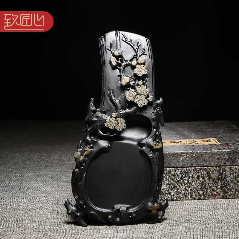 匠心非遗歙砚名师纯手工老坑梅花