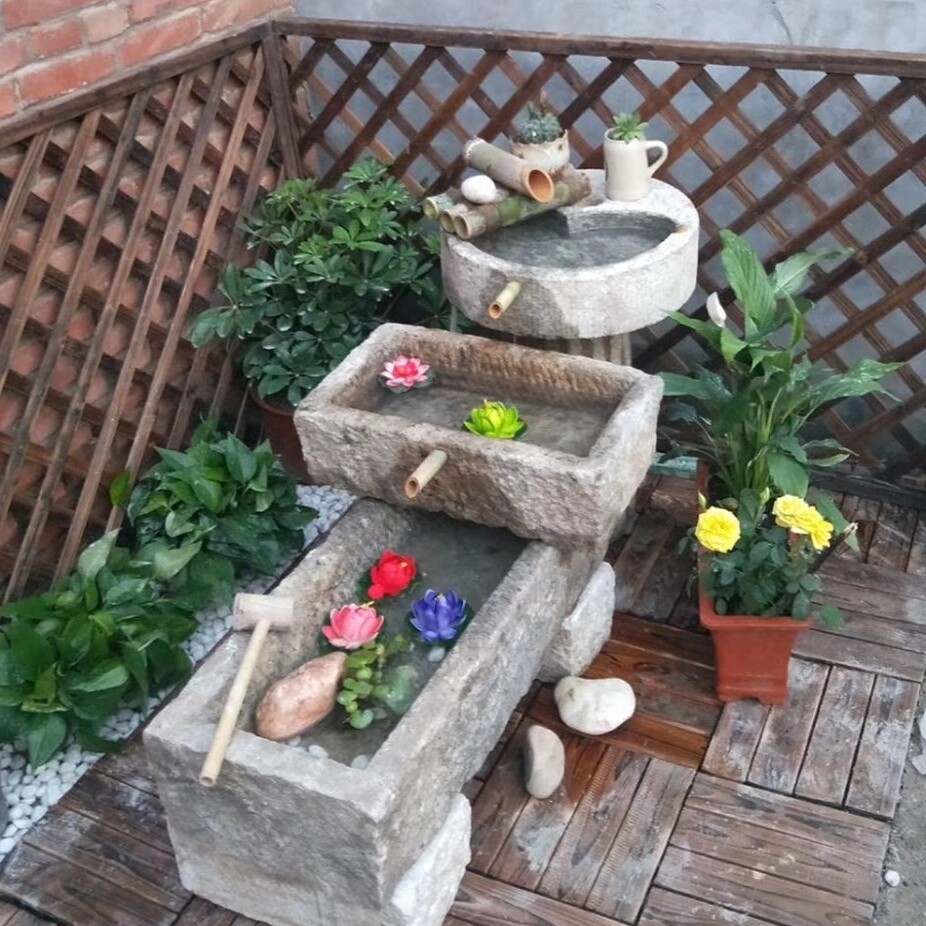 牛槽流水小石槽鱼缸猪槽种花花盆庭院组合石头养鱼民间老旧石槽