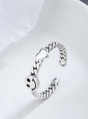 链条爱心开口可调节百搭复古戒指