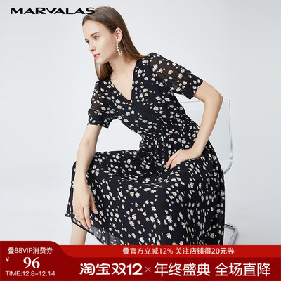 曼德诗黑花连衣裙2022新款夏装