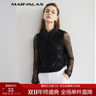 百搭性感设计感舒适气质上衣 蕾丝时尚 曼德诗黑色衬衫 女纯色长袖